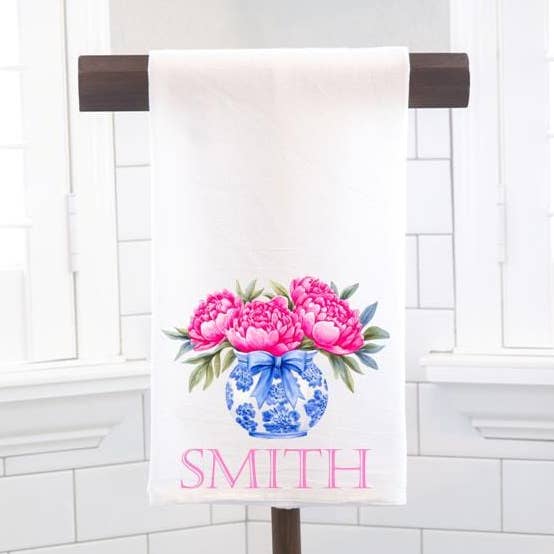 Personalized Chinoiserie Peonies Flour Sack Tea Towel for wholesale by Moman Sales, Inc.