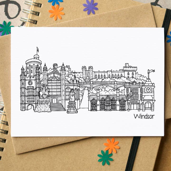 Windsor Skyline Landmarks Greetings Card for wholesale by Becka Griffin Illustration