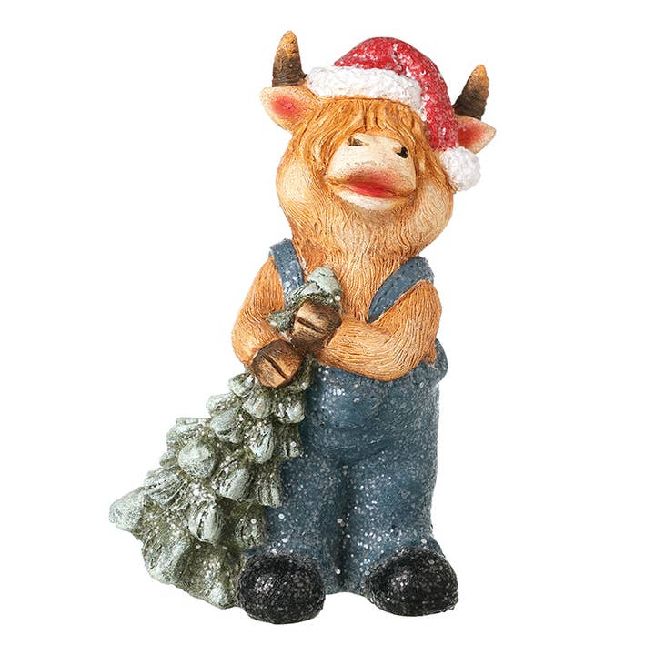 HIGHLAND COW IN BLUE DUNGAREES WITH TREE for wholesale by Heaven Sends