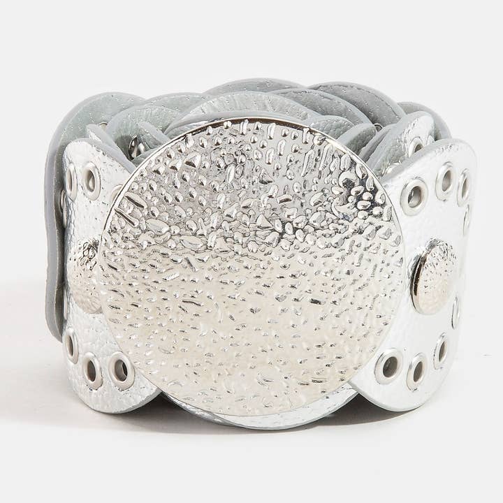 Collections by Fame Accessories - Wholesale Belt - Women's - Hammered Disc Accent Faux Leather Panel Link Belt9