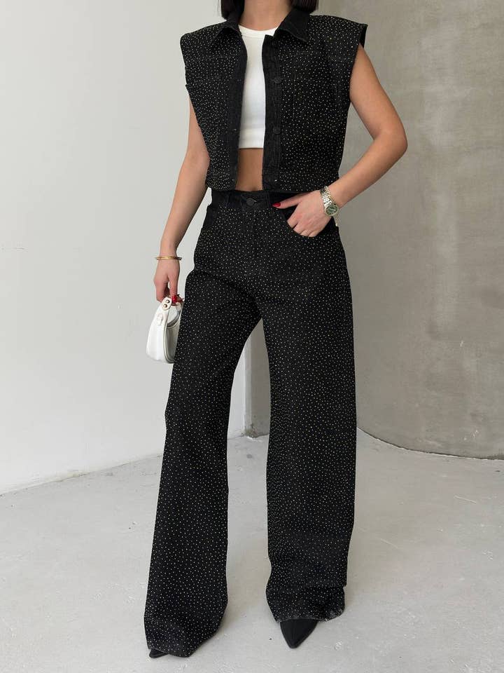 Women's Full Embellished Vest and Jeans Black Denim Set for wholesale by Shebelle