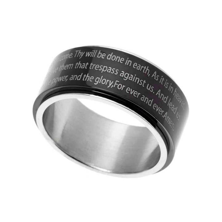 Joyful Sentiments - Wholesale Band/Stacked Ring - Lord's Prayer Engraved Spinner Ring Stainless Steel