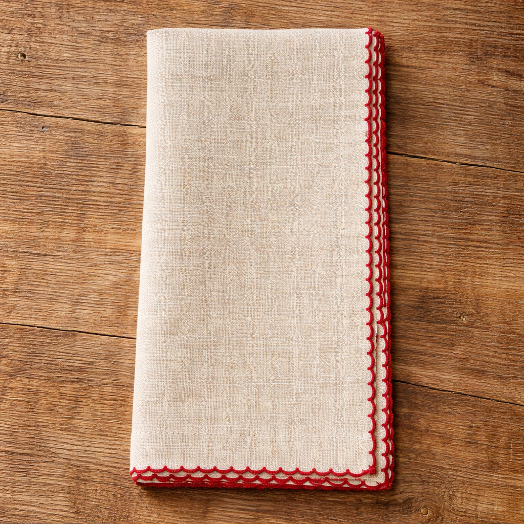 Fennco Styles - Vente Serviettes de table en tissu - Serviette en coton naturelle rouge à bordure crochetée festonnée 51 cm1