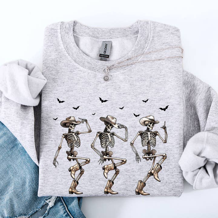 Dancing Cowboy Skeletons, Halloween Bats Sweatshirt for wholesale by Refinery Number One LLC