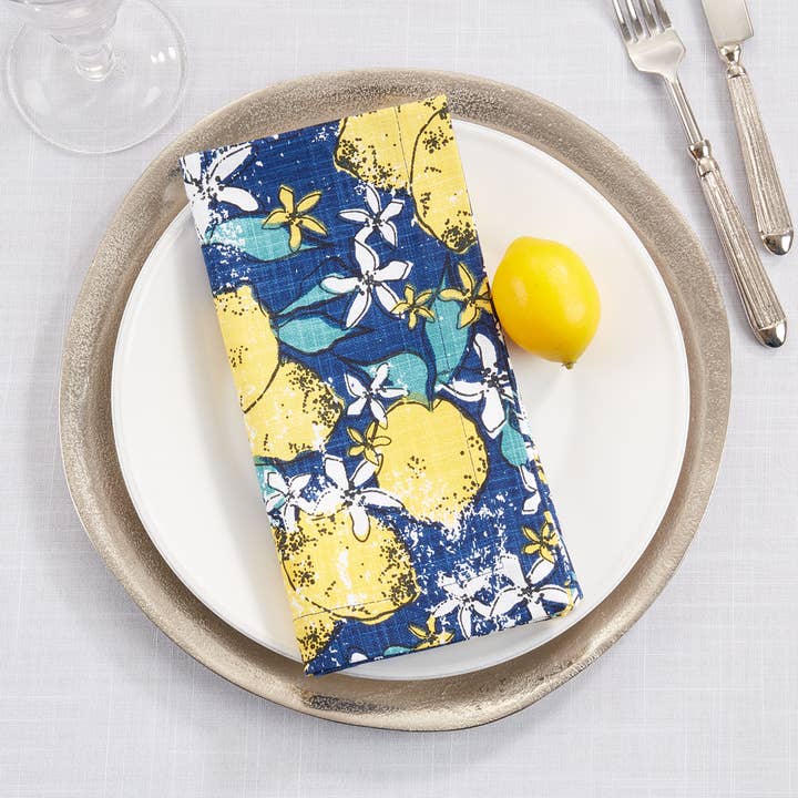 Fennco Styles - Wholesale Dinner & Cloth Napkin - Navy Blue Lemon Cotton 20" Cloth Napkin