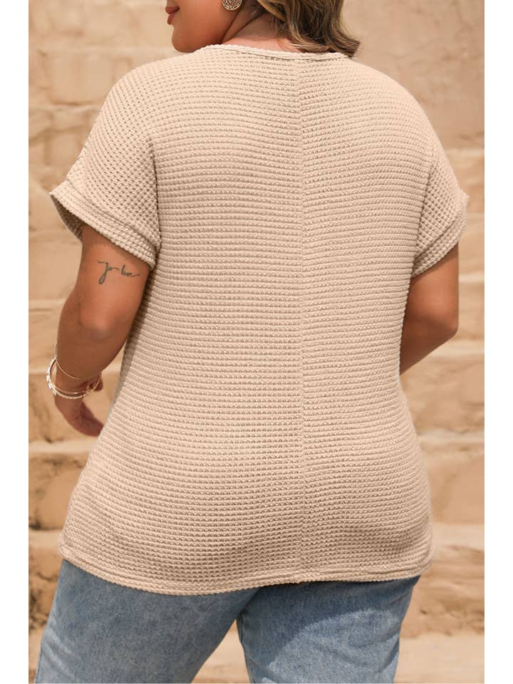 Oatmeal Plus Size Lace Waffle Patchwork Summer Top for wholesale on Faire