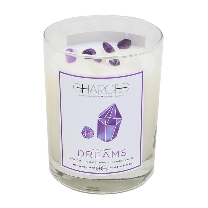 Amethyst Lavender Scented Soy Candle with Crystals for wholesale by CHARGED