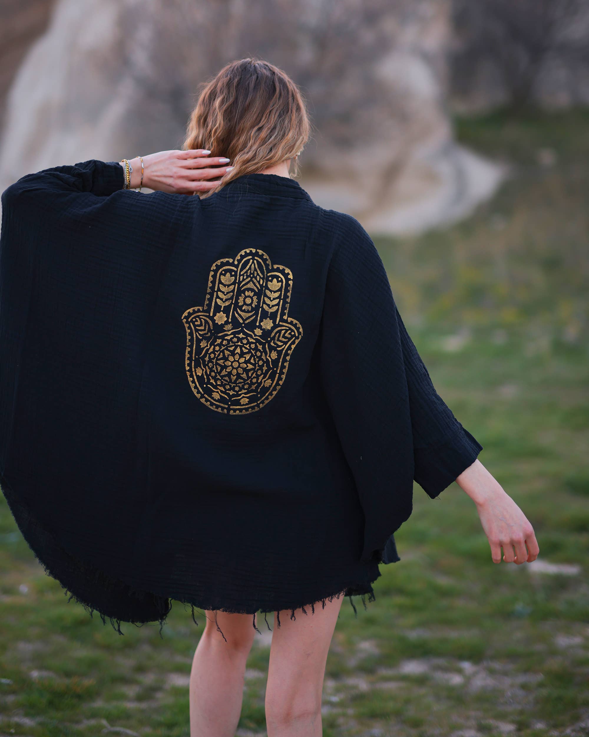 Moa - Venta al por mayor Bata - Mujer - Bata kimono de muselina doble capa con mano de Hamsa3