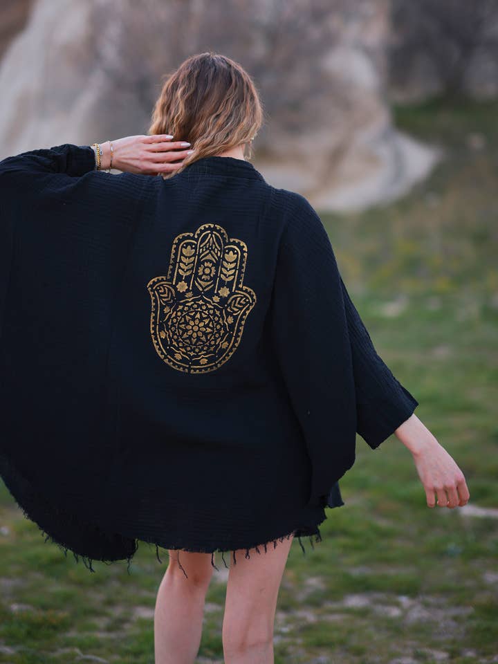 Moa - Venta al por mayor Bata - Mujer - Bata kimono de muselina doble capa con mano de Hamsa3