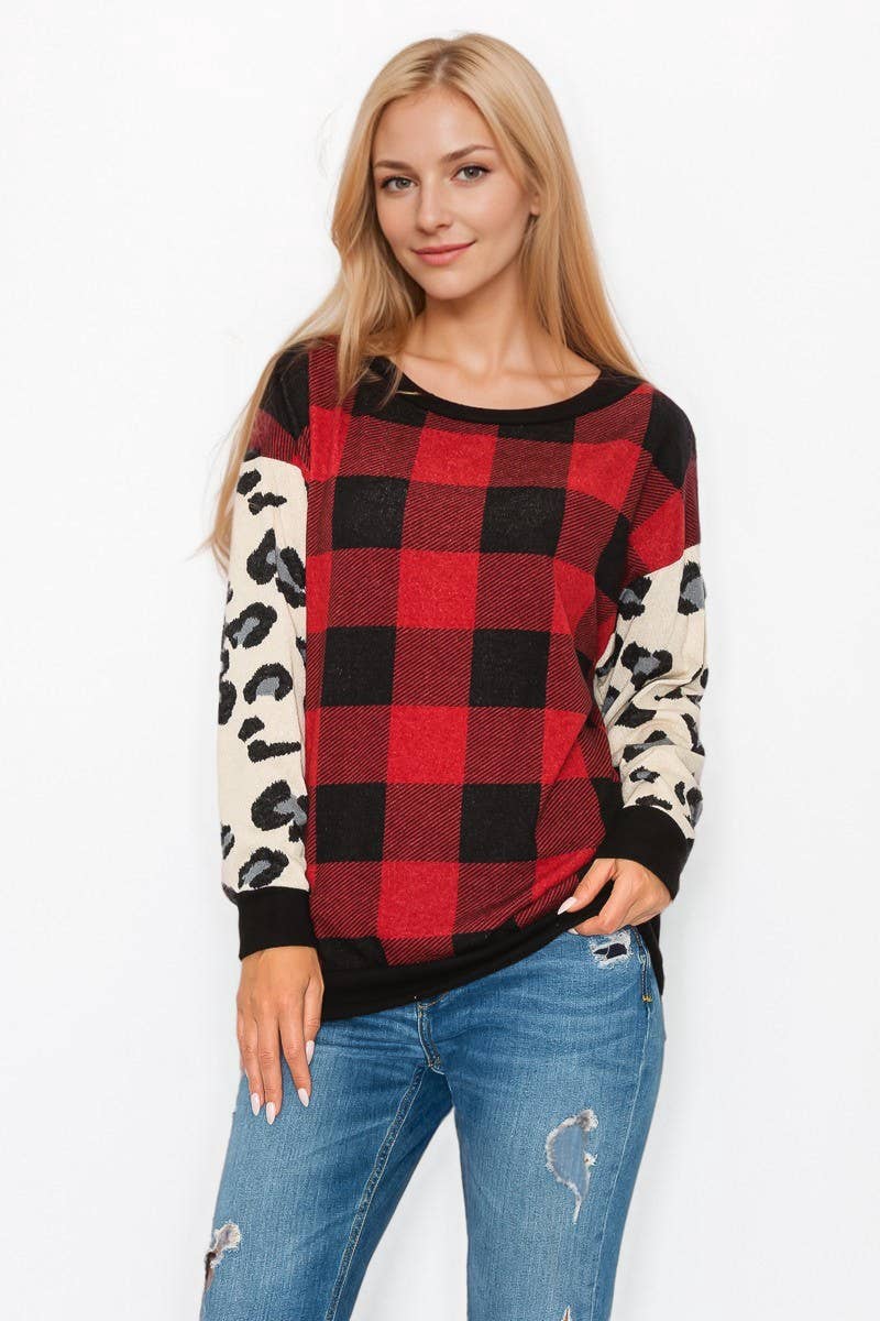 Röd 10599L195 Rutig med djurmotiv Långärmad topp för wholesale på Faire5