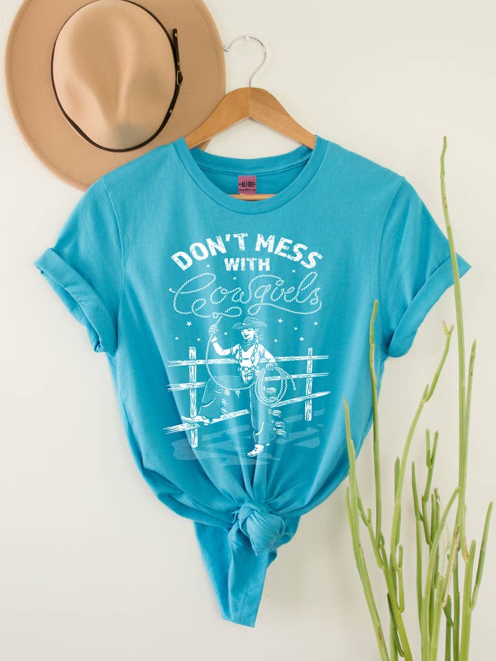 Don't Mess With Cowgirls Western Graphic Tee - Heather Aqua for wholesale by Ali Dee