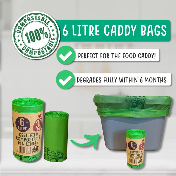 Eco Green Living - Wholesale Trashcan/Trash Bin - 6 Litre Compostable Caddy Bags | 1 roll of 30 bags