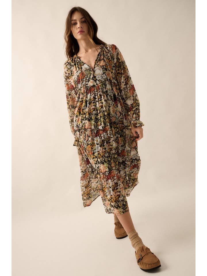 Black Floral V-Neck Chiffon Midi Dress for wholesale on Faire2