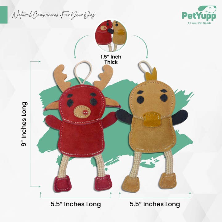 PetYupp - Wholesale Pet Toy Set - Dog - Leather, Cotton & Jute Toy with Coconut Fiber Filling - Pack of 2 (Ducky & Moosey)