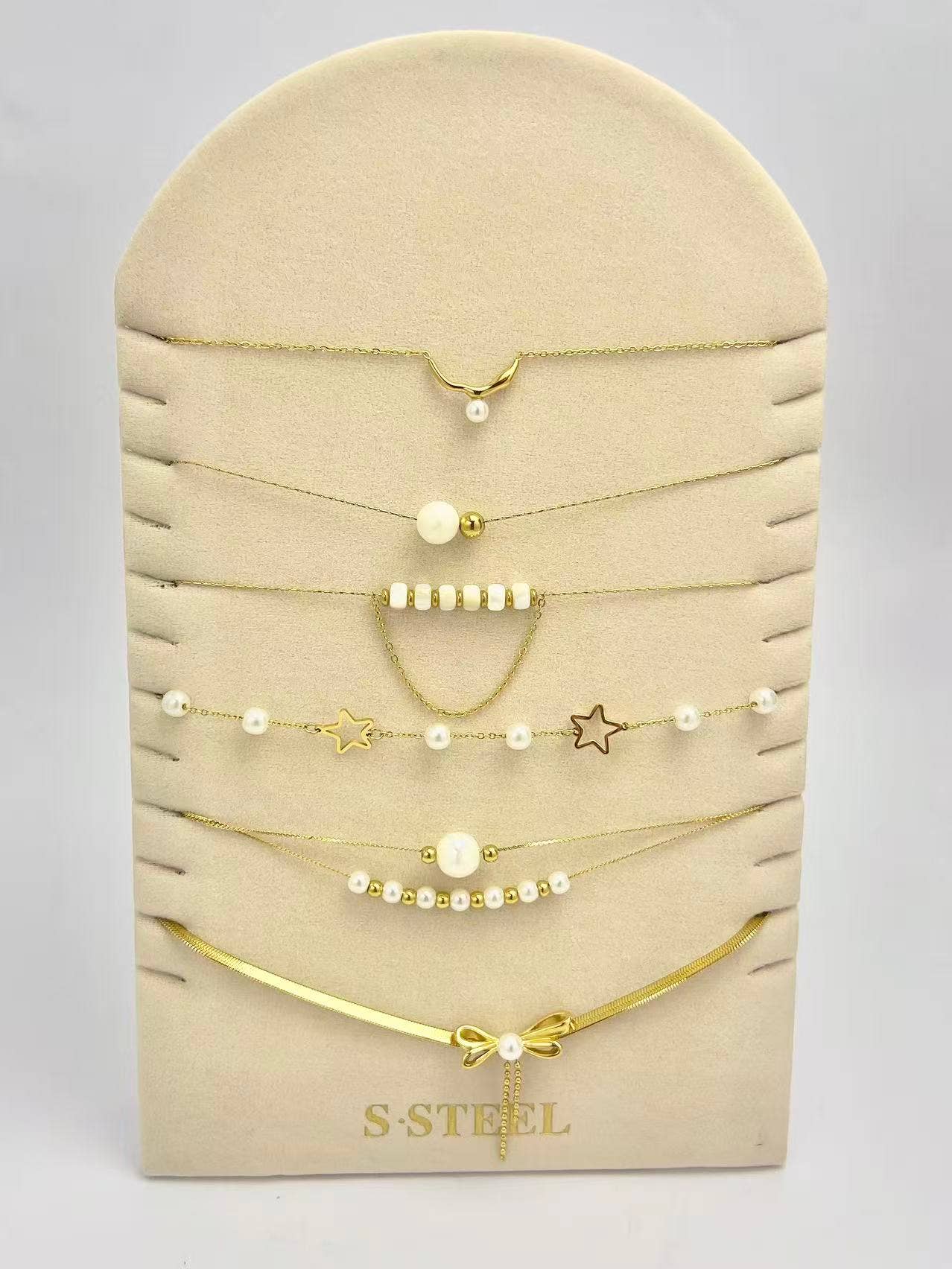 COSMOS - Wholesale Beaded/Pearl Necklace - Set of 6 Stainless Steel Pearl Necklaces with Complimentary Display