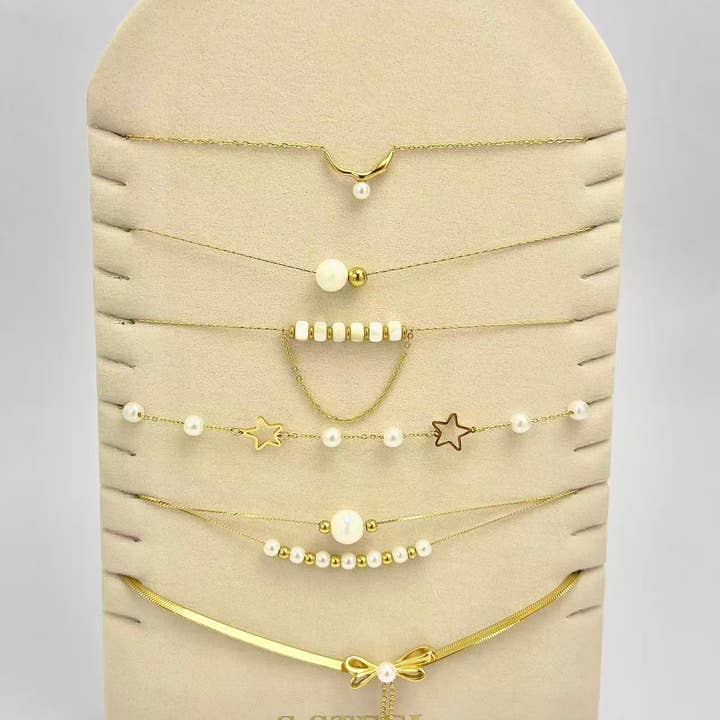 COSMOS - Wholesale Beaded/Pearl Necklace - Set of 6 Stainless Steel Pearl Necklaces with Complimentary Display0