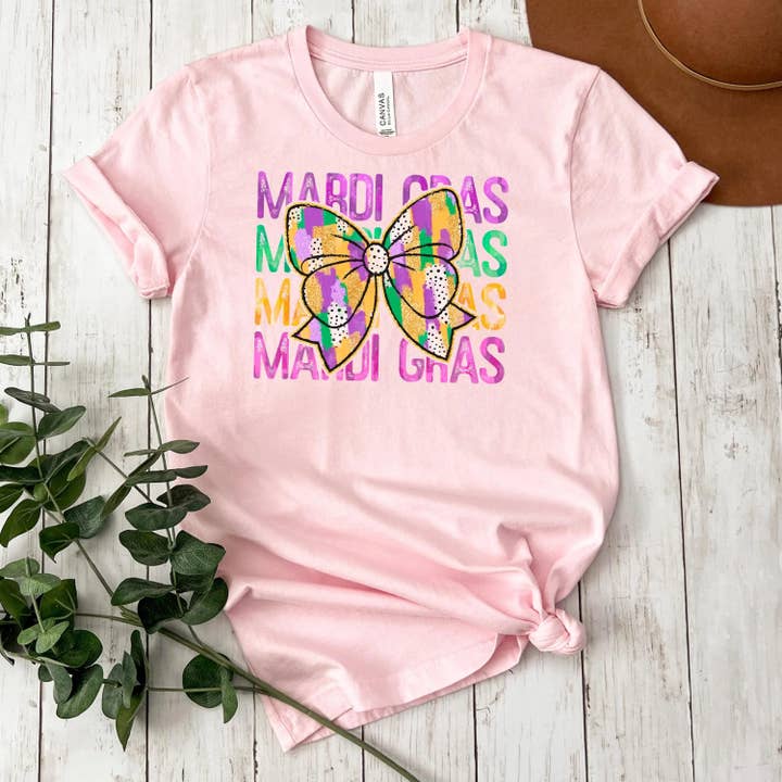 Mardi Gras Shirt - Purple Green Gold Coquette Bow New Orleans shirts for women - Carnival Outfit - Bella Canvas Tee for wholesale by Joyful Moose