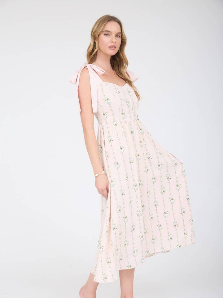 STRIPE FLORAL TIE STRAP CORSET MIDI DRESS for wholesale by MINE