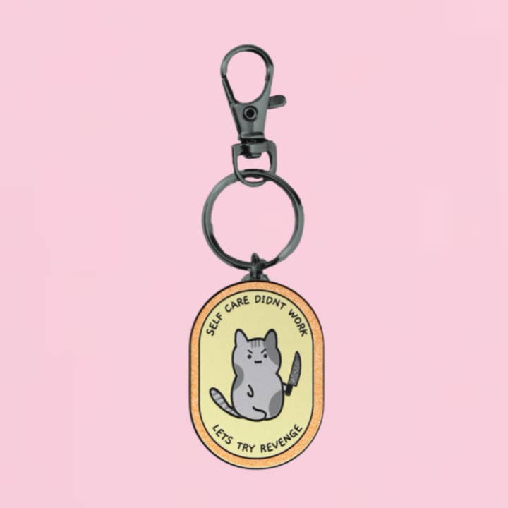 Let's Try Revenge Kawaii Cat Enamel Keychain Bag Charm for wholesale by Fluffmallow (Custom duties for USA are pre-paid by us)