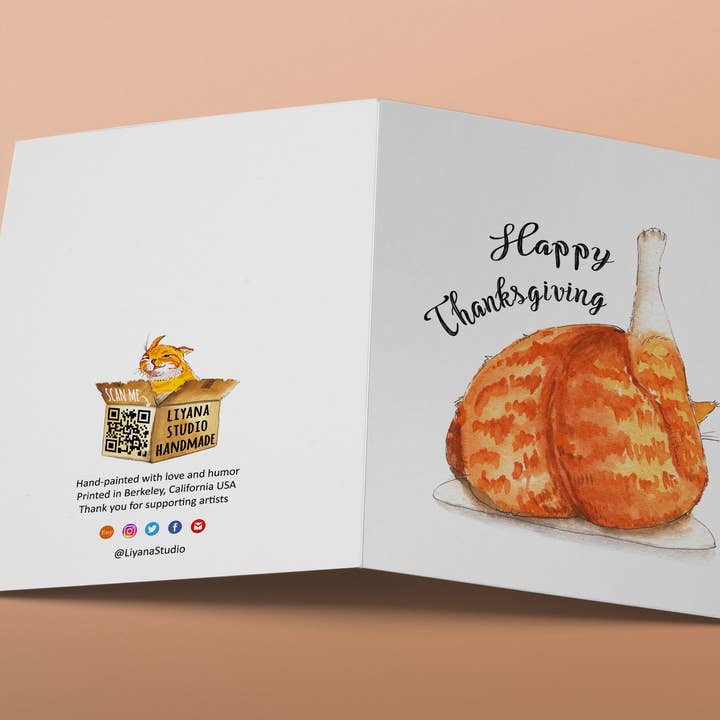 Liyana Studio - Wholesale Thanksgiving Card - Cat Turkey Leg - Funny Thanksgiving Card