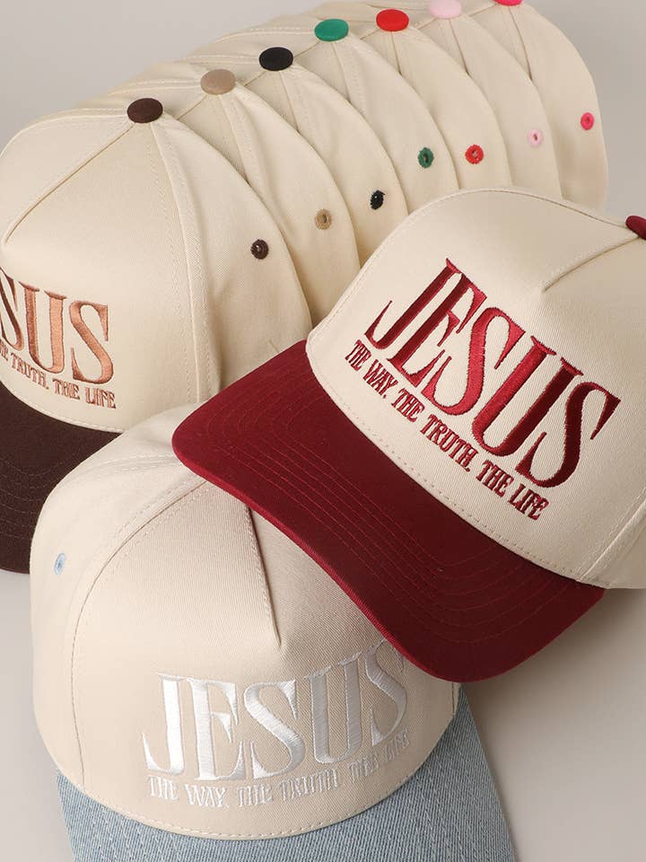 JESUS Typography Embroidered Trucker Hat and other Purchase Wholesale christian apparel. Free Returns & Net 60 Terms on Faire trending on Faire.