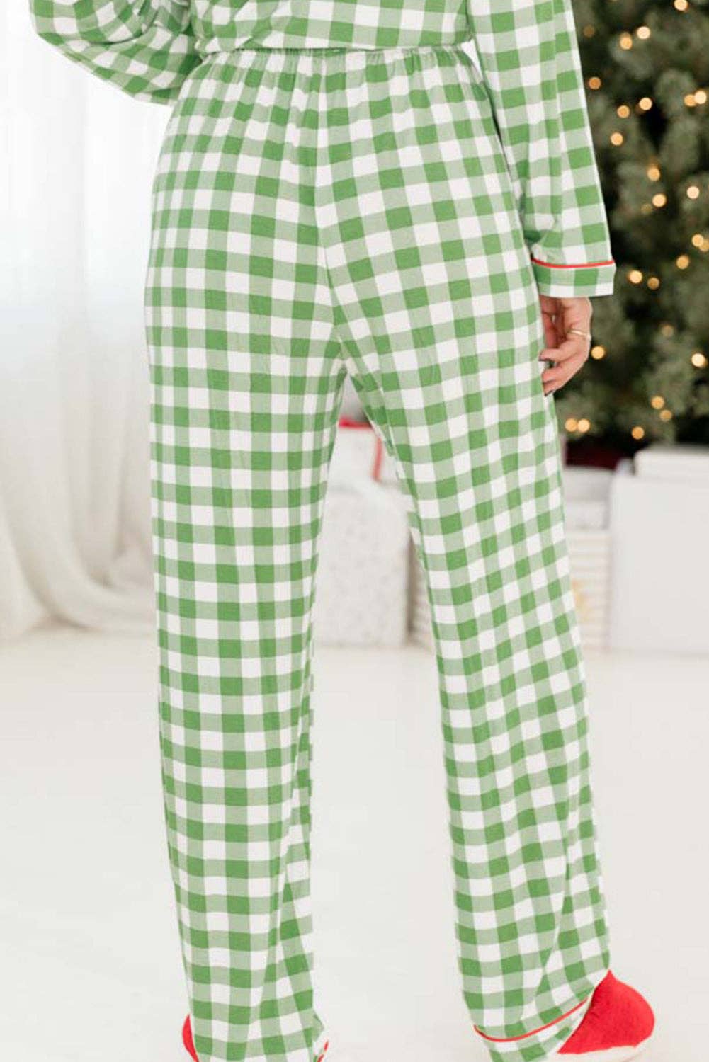 Light Green Christmas Plaid Print Shirt and Pants Pajama Set for wholesale on Faire5