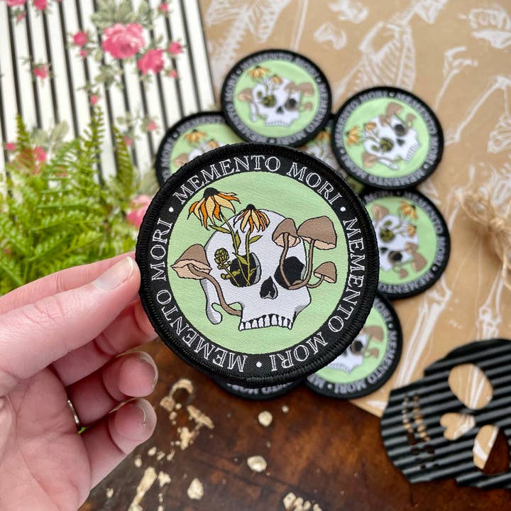 Memento Mori Iron On Patch for wholesale by The Unrefined Crafter