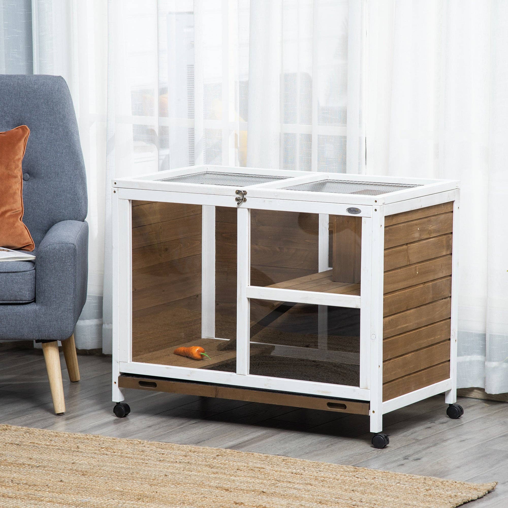 39F Inc. - Wholesale Pet Carrier - Cat/Dog - PawHut Indoor Rabbit Hutch - Brown Wood, with Wheels1