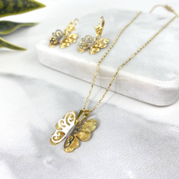 18k Gold Filled 1mm Chain with Fancy Butterfly Earrings and Pendant Wholesale Jewelry Supplies for wholesale by DIJU Jewelry