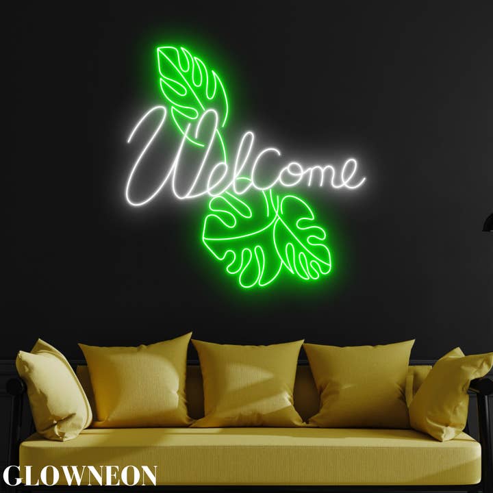 Light Up Your Shop With Monstera Leaf Welcome Led Signboard for wholesale by Glow Neon