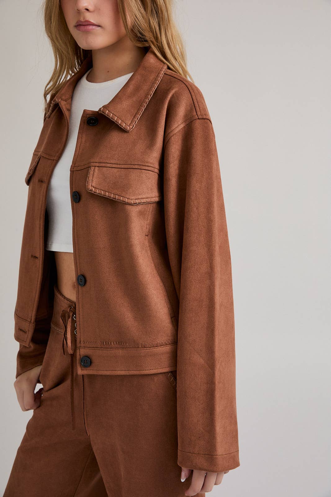 Brown BRAIDED DETAIL SUEDE JACKET for wholesale on Faire6