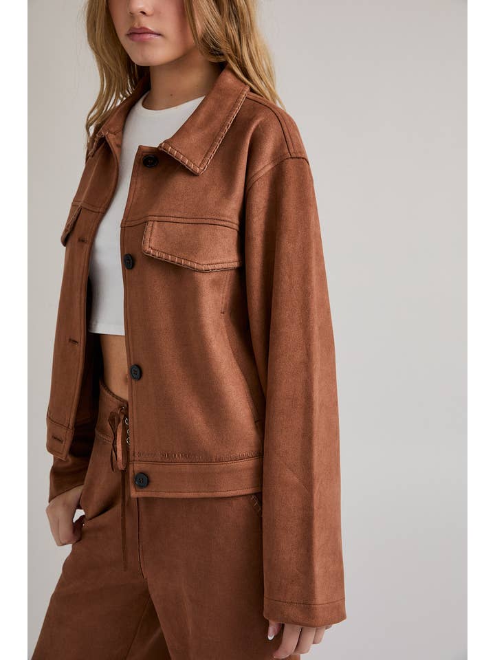 Brown BRAIDED DETAIL SUEDE JACKET for wholesale on Faire6