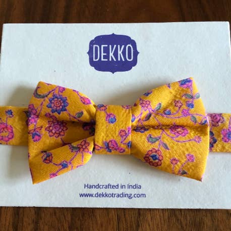 Mustard Floral Children's Upcycled Sari Bowtie for wholesale by Dekko Trading