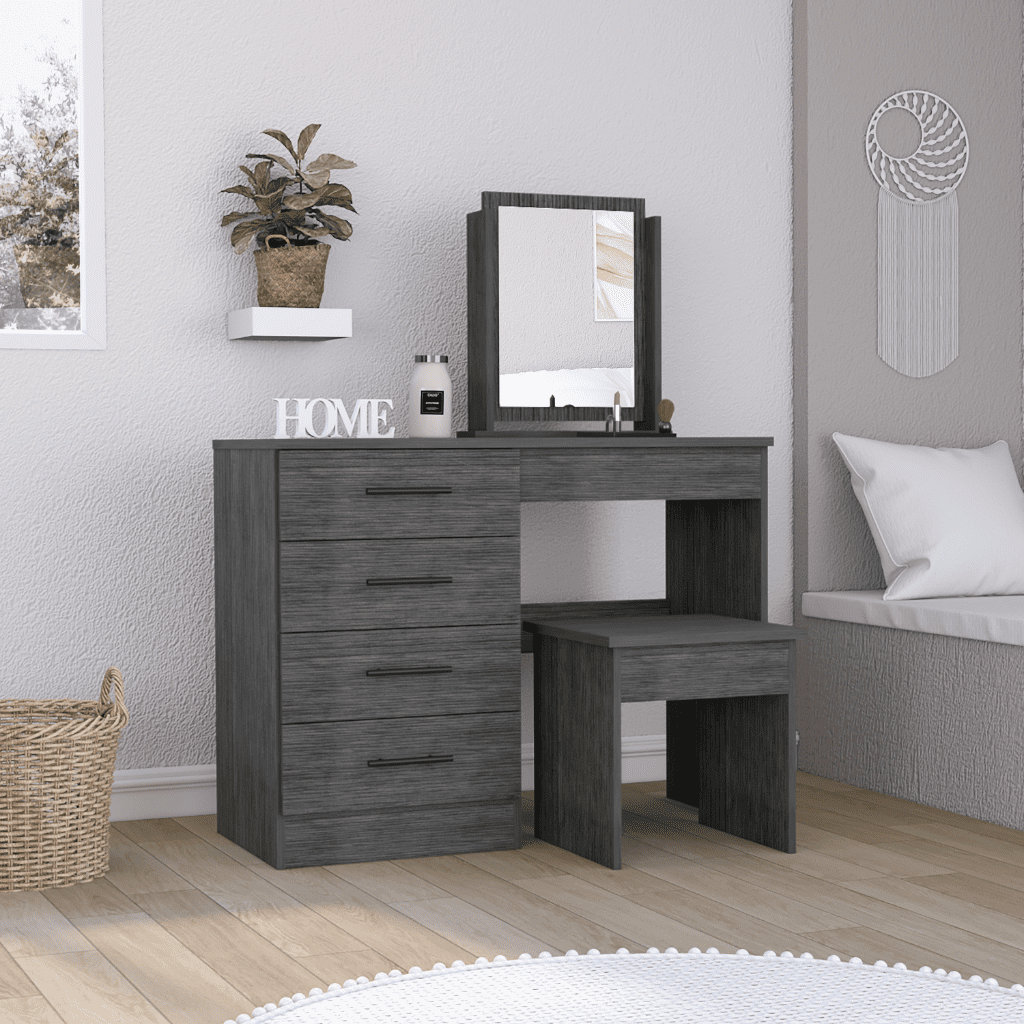 TuHome Concept – Mobília de quarto por atacado – Mesa de maquiagem Seul com espelho, 4 gavetas e banqueta12
