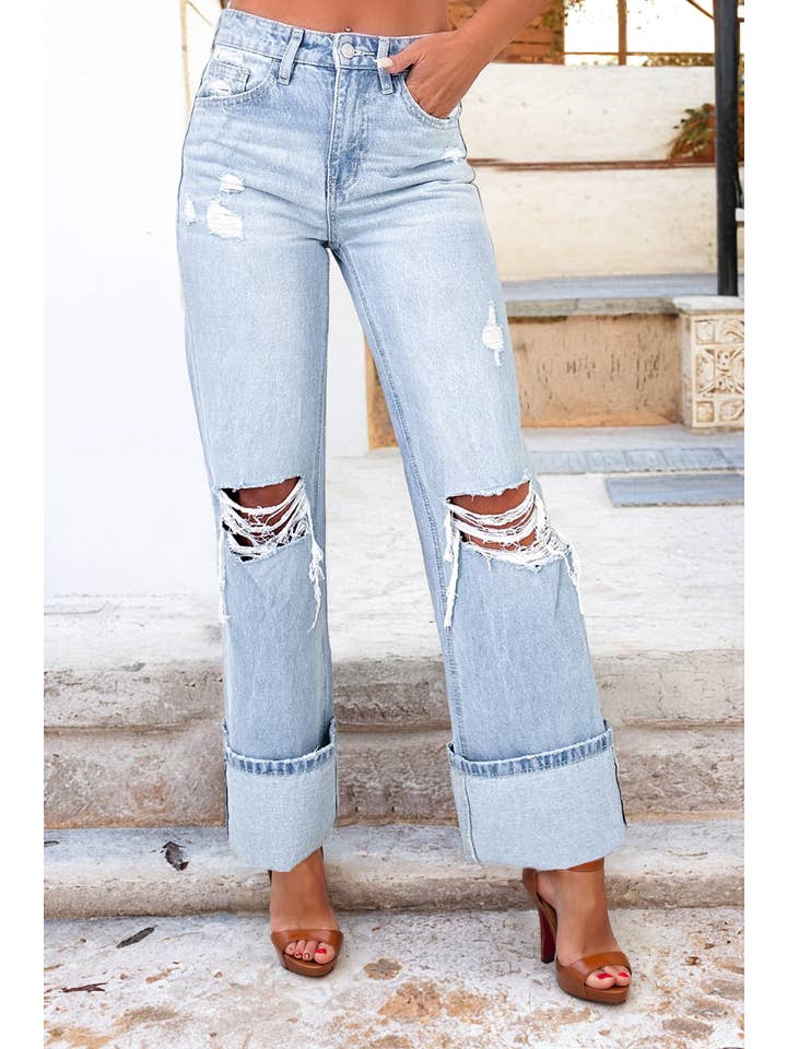 Beau Blue Light Wash Distressed Flare Jeans for wholesale on Faire2