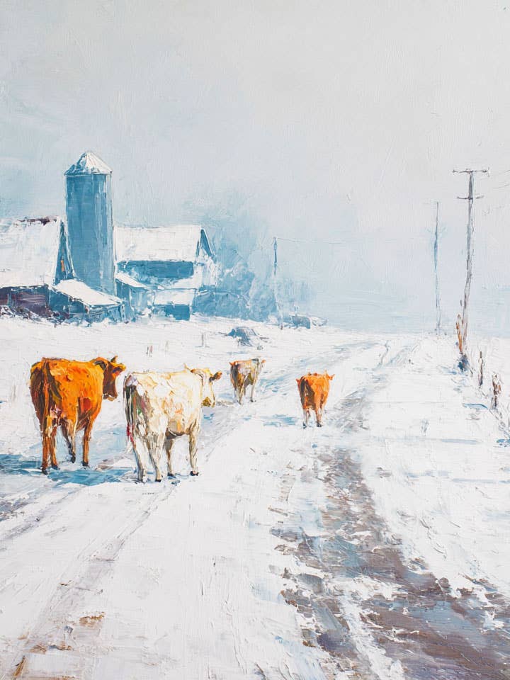 Vacas escaparon del paisaje invernal - Impresión artística de paisaje invernal - Obra de arte de 8"x10" para marco de 11"x14" para venta al por mayor de Mowbi