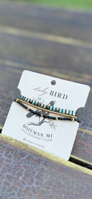 Lady Bird Market - Wholesale Jewelry Set - Shiny Black Stripes with Black Tila Bead Bracelet Set | Handmade Stretchy Boho Wrap in Gold or Silver0