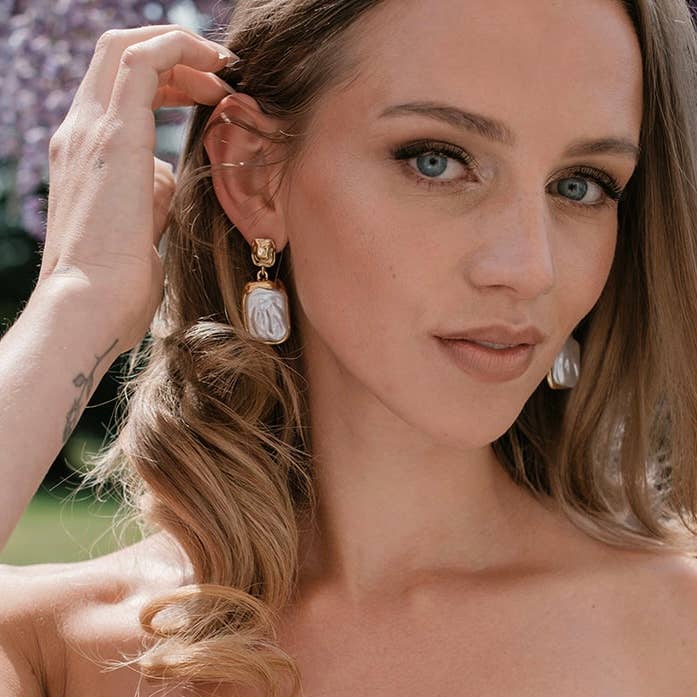 St Tropez Pearl and Gold Rectangle Earrings for wholesale by Nicholls Jewellery