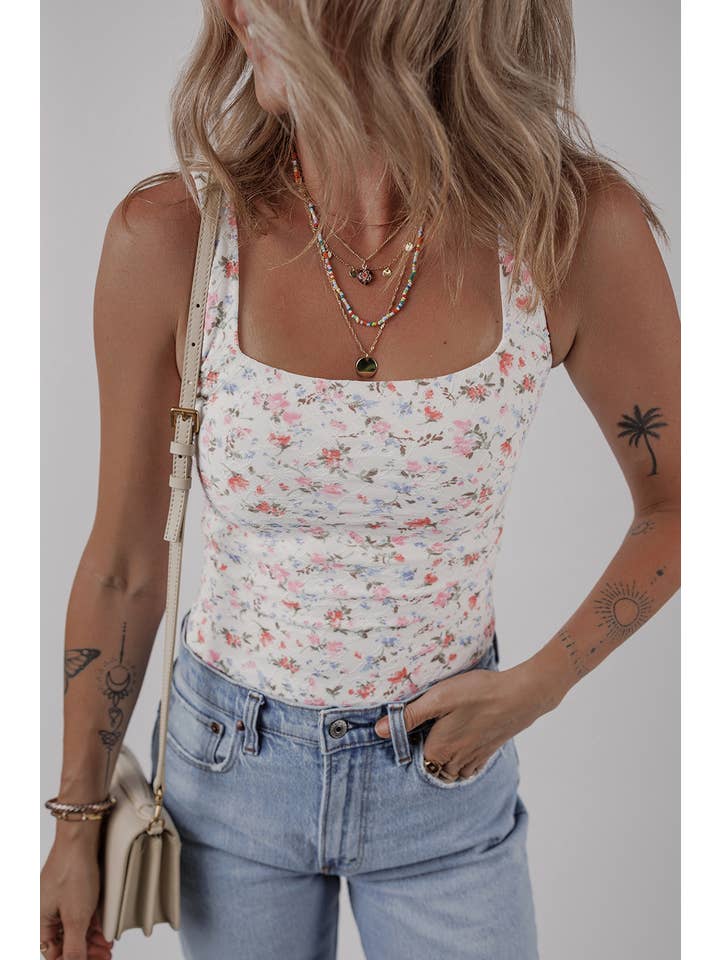 White LDC Floral Textured Square Neck Sleeveless Bodysuit for wholesale on Faire