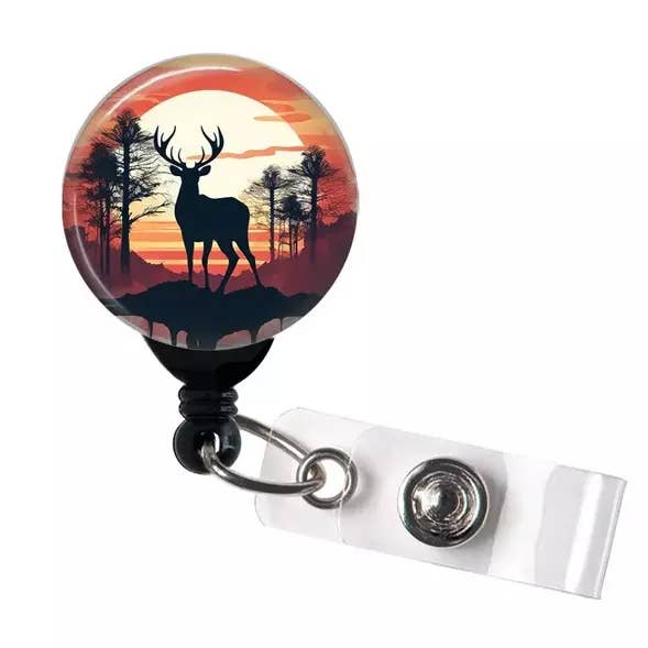 Deer Sunset Badge Reel, Masculine Badge Holder for wholesale by Good Girl Gone Badge