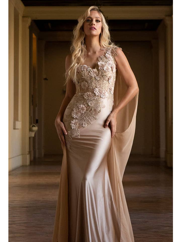 LAA388 Vestido de Noche de Alfombra Roja con Capa de un Hombro y Estampado Floral para venta al por mayor de LA Merchandise