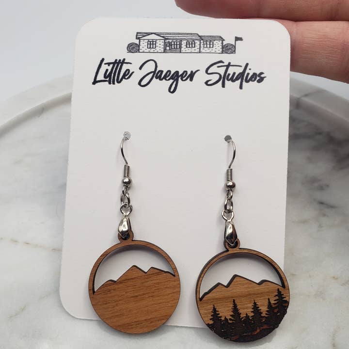 Little Jaeger Studios - Wholesale Dangle Earrings - Handmade Wooden Engraved Rustic Mountain Earrings3