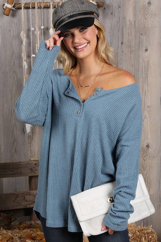 NINEXIS - Wholesale Knit Top - Women's - CWTTL450_BUTTON PLACKET LONG SLEEVE WAFFLE TOP16