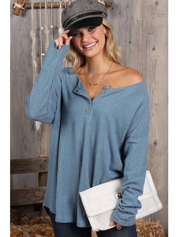 NINEXIS - Wholesale Knit Top - Women's - CWTTL450_BUTTON PLACKET LONG SLEEVE WAFFLE TOP16
