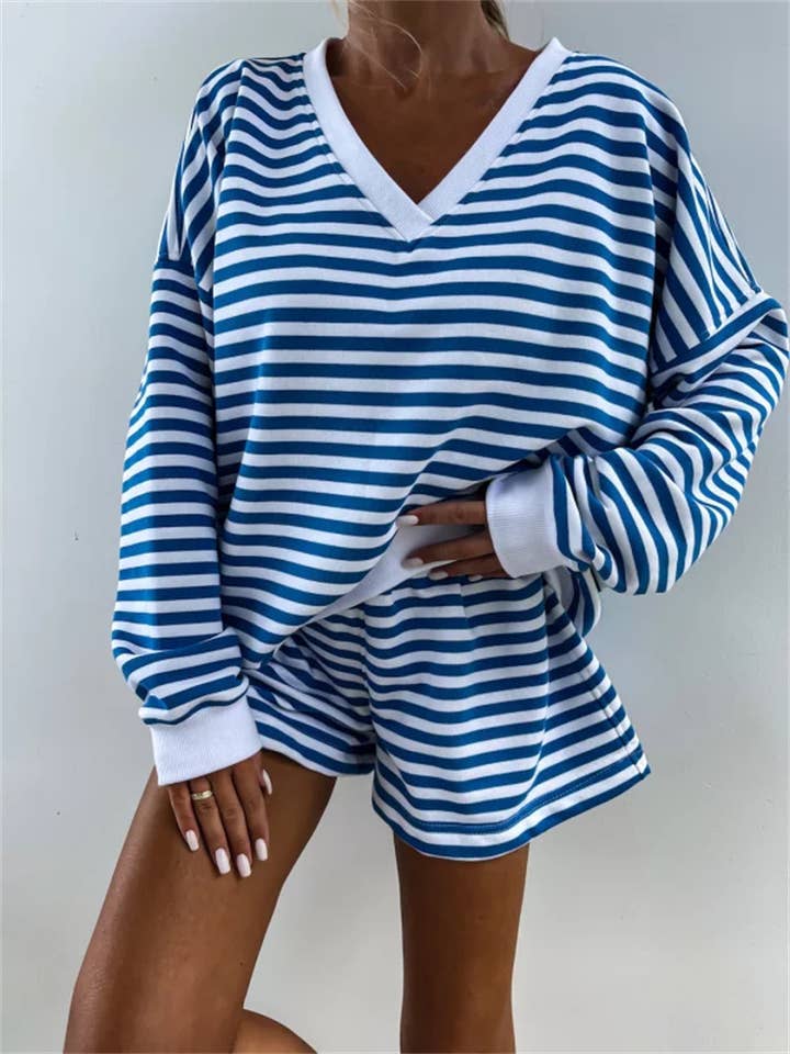 Rosa Clothing - Wholesale Top & Short Set (NOT Loungewear) - Women's - Striped V-Neck Oversized Sweatshirt Shorts Set