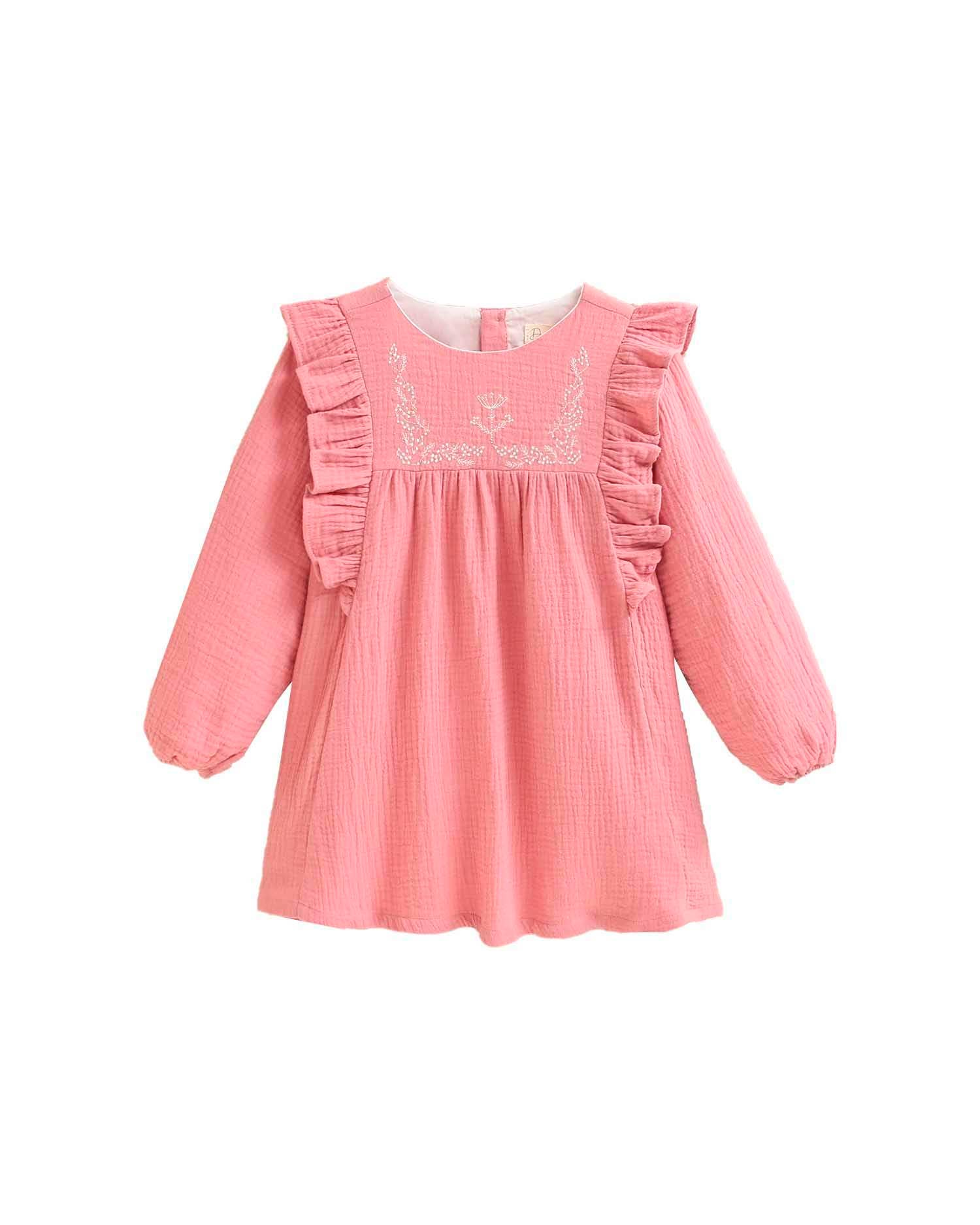 Rose Pink Bambula Girl's Dress with Embroidered Detail with Ruffle for wholesale on Faire0