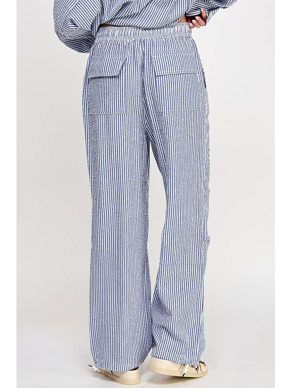 Navy White BLUE STRIPED SEERSUCKER PANTS for wholesale on Faire