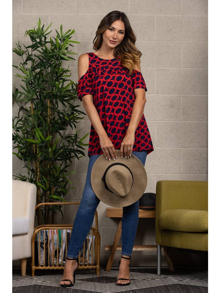 RED NAVY ROUND NECK COLD SHOULDER BLOUSE TOP for wholesale on Faire1