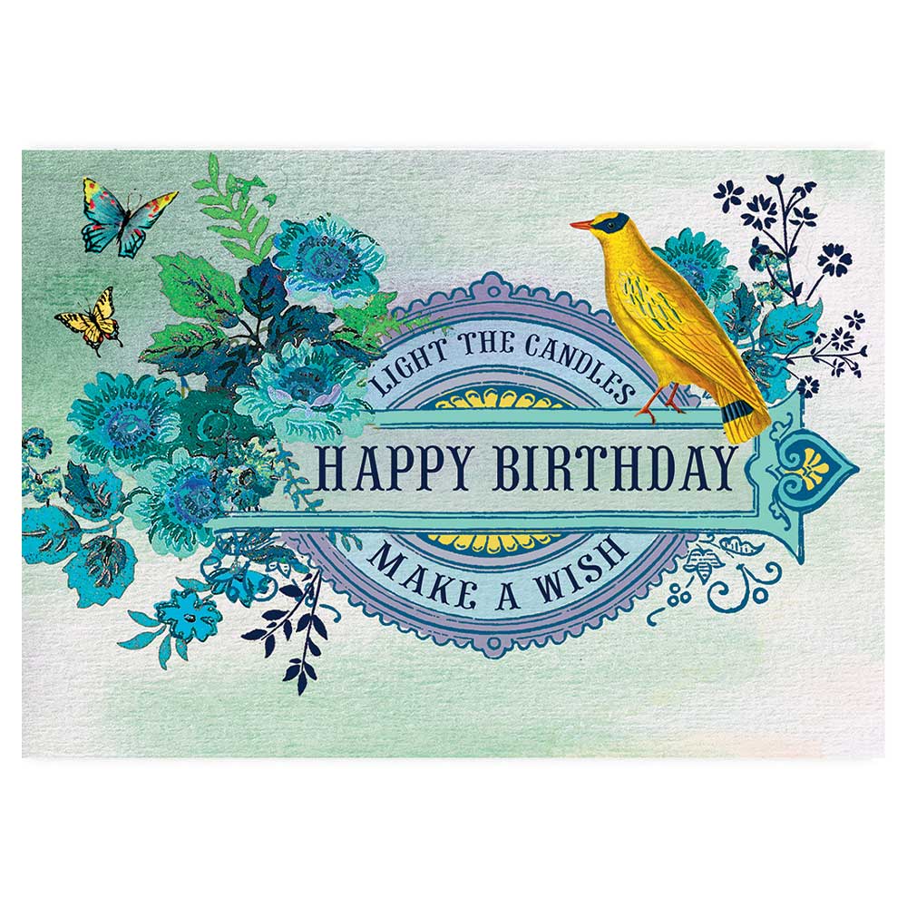 Potluck Press - Wholesale Birthday Card - Yellow Bird Cartouche Blue Flowers Greeting Card0