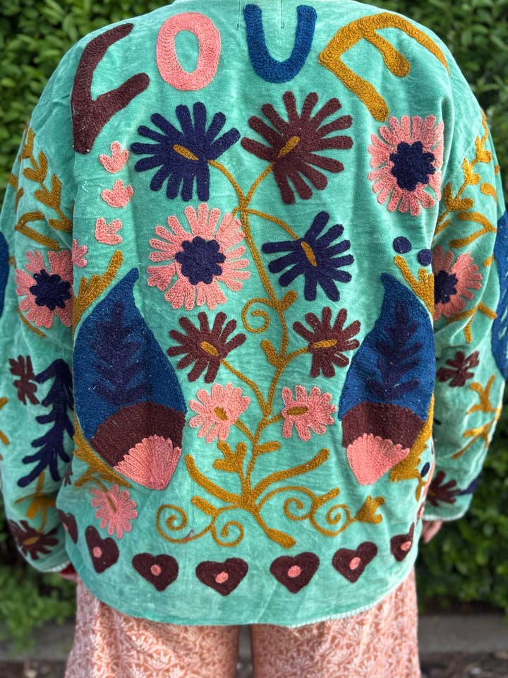 ToutVintage - Wholesale Jacket - Women's - Suzani Embroidery cotton jacket LOVE light turquoise